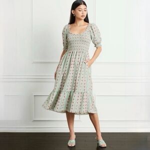 Hill House The Louisa Nap Dress Floral Smocked Puff Sleeve Size S EUC